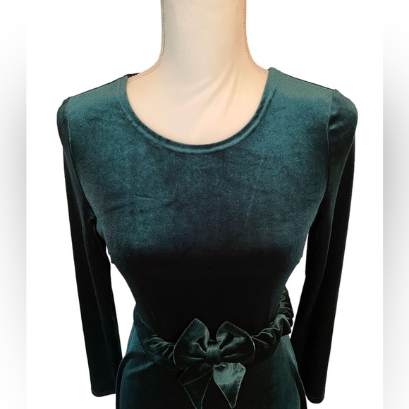 Enme Emerald Green Stretch Velvet Fit and Flare Long Sleeve Dress Women’s Small - Picture 5 of 14